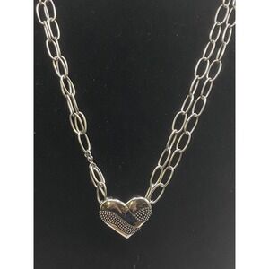 Stainless Steel Double Chain Necklace with Stainless/Black Heart Slide 29" Long